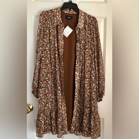 MSK DRESS WOMEN'S SIZE MEDIUM COLLARED BUTTON-DOWN CHIFFON RUFFLE HEM CHIFFON - Picture 9 of 12